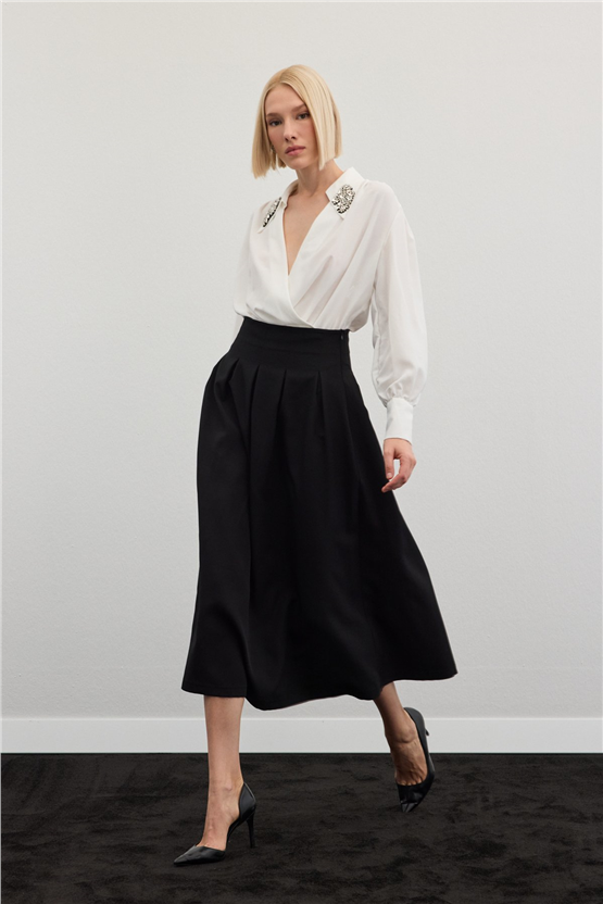 Sateen Y26 1884-4570 Pile Detaylı Midi Etek Siyah
