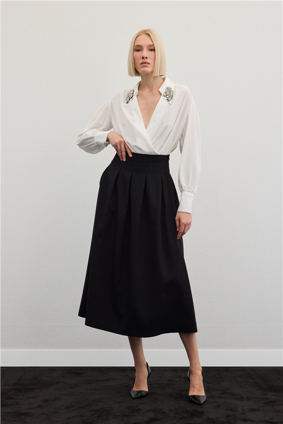 Sateen Y26 1884-4570 Pile Detaylı Midi Etek Siyah