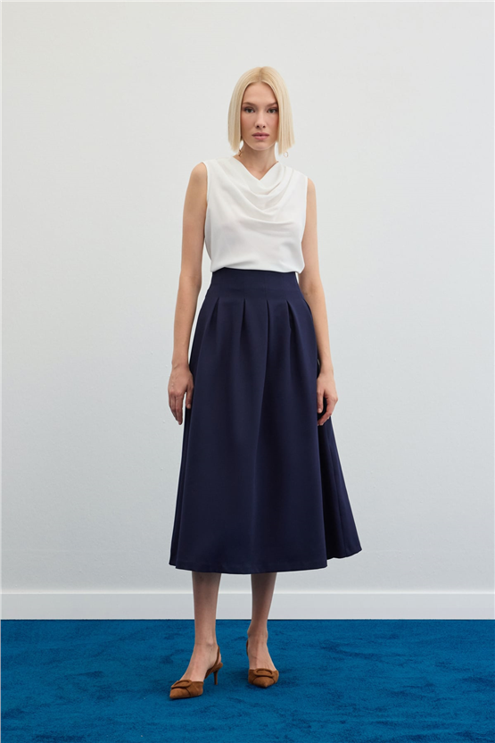 Sateen Y26 1884-4570 Pile Detaylı Midi Etek Lacivert