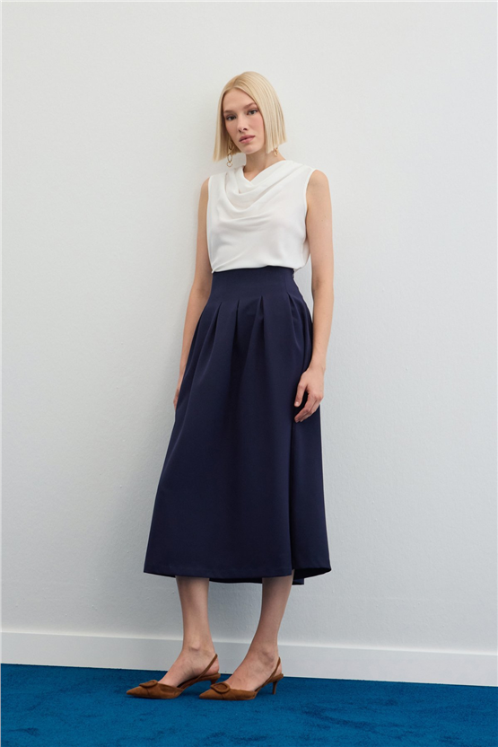 Sateen Y26 1884-4570 Pile Detaylı Midi Etek Lacivert