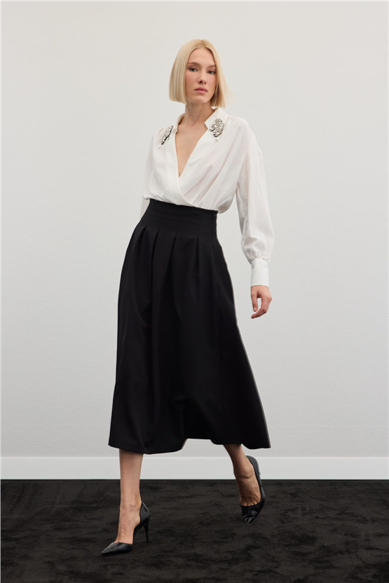 Sateen Y26 1884-4570 Pile Detaylı Midi Etek Siyah