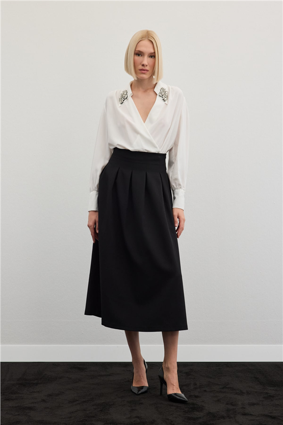 Sateen Y26 1884-4570 Pile Detaylı Midi Etek Siyah