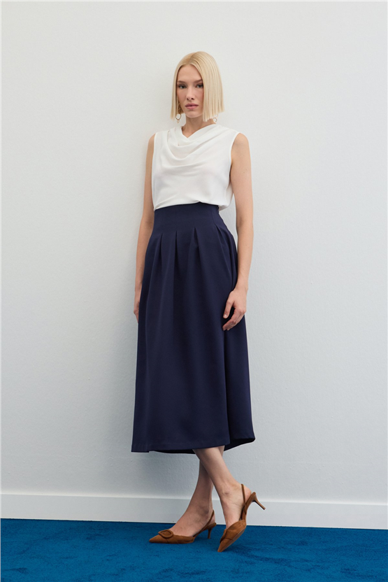 Sateen Y26 1884-4570 Pile Detaylı Midi Etek Lacivert