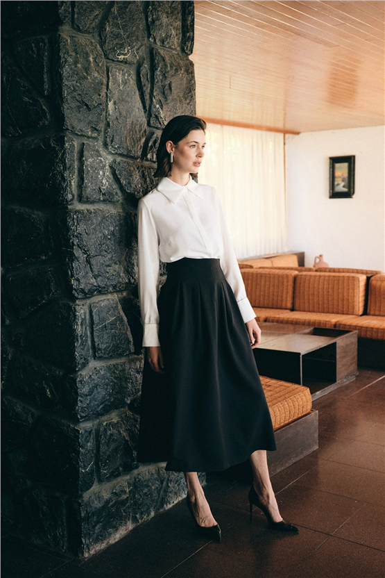 Sateen Y26 1884-4570 Pile Detaylı Midi Etek Siyah