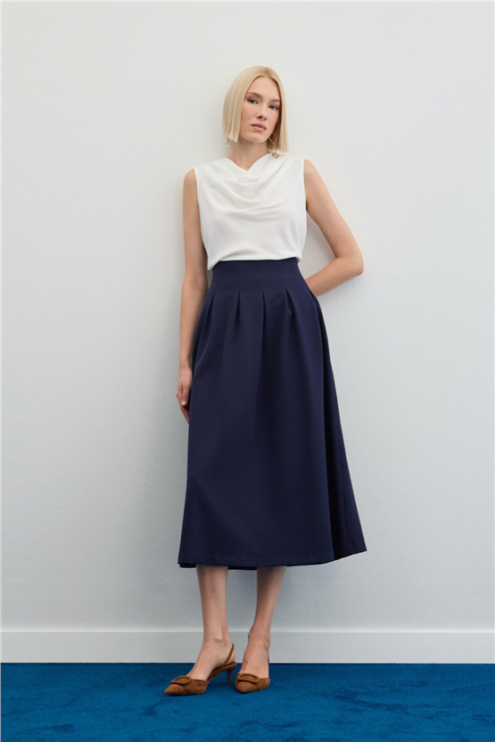 Sateen Y26 1884-4570 Pile Detaylı Midi Etek Lacivert