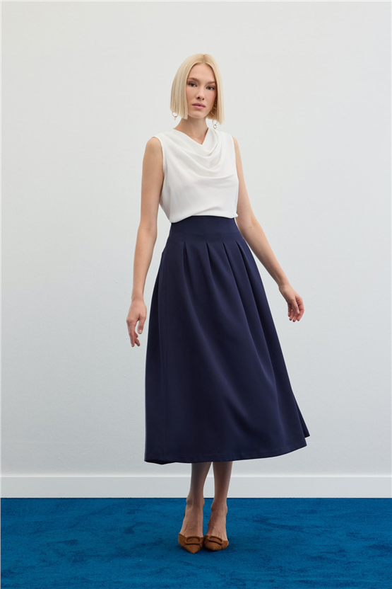 Sateen Y26 1884-4570 Pile Detaylı Midi Etek Lacivert