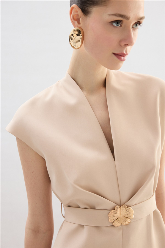 Sateen Y26 1900-1592 Toka Detaylı Bluz Bej