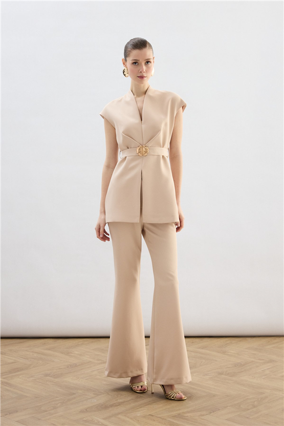 Sateen Y26 1900-1592 Toka Detaylı Bluz Bej