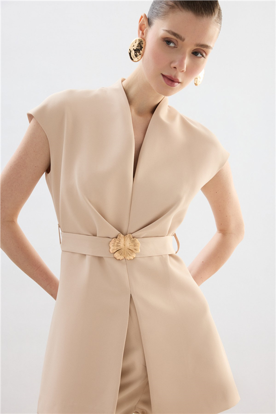 Sateen Y26 1900-1592 Toka Detaylı Bluz Bej