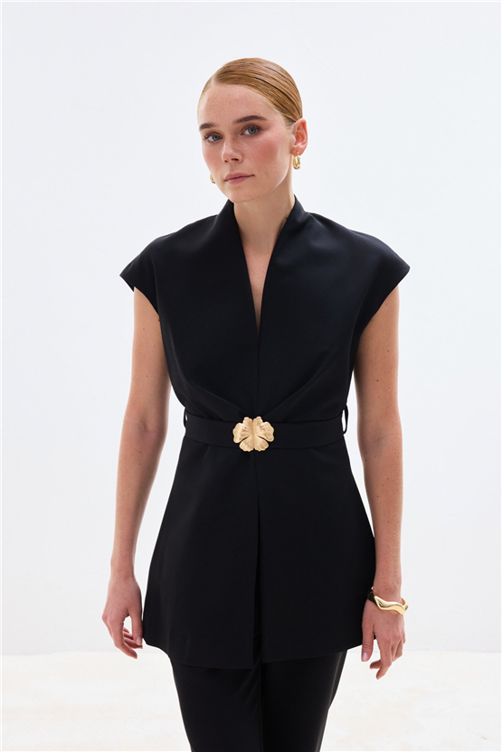 Sateen Y26 1900-1592 Toka Detaylı Bluz Siyah