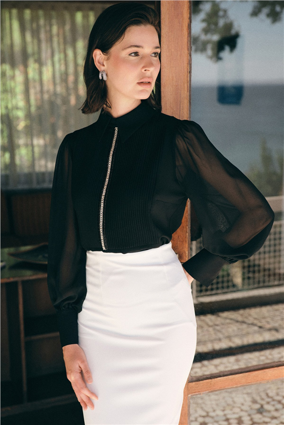 Sateen Y26 1916-1600 Taşlı Serıt Ve Nervur Detaylı Bluz Siyah
