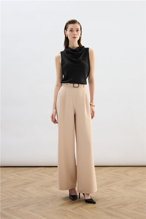 Sateen Y26 1920-5538 Kemer Detaylı Bol Pantolon Bej