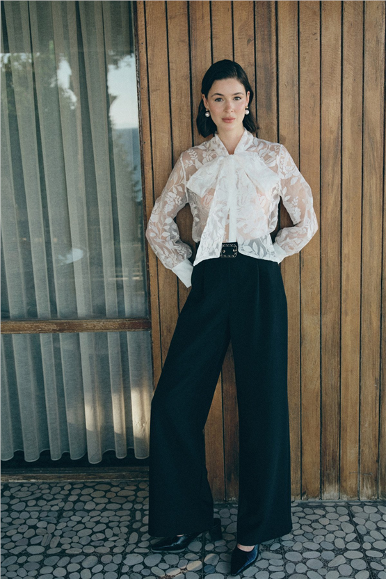 Sateen Y26 1920-5538 Kemer Detaylı Bol Pantolon Siyah