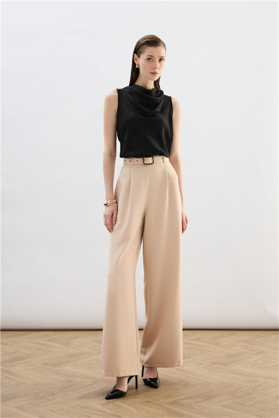 Sateen Y26 1920-5538 Kemer Detaylı Bol Pantolon Bej