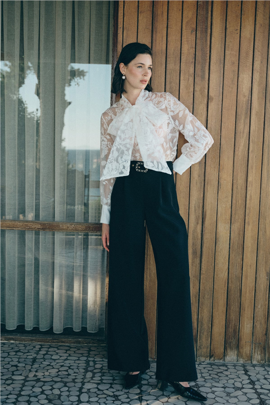 Sateen Y26 1920-5538 Kemer Detaylı Bol Pantolon Siyah