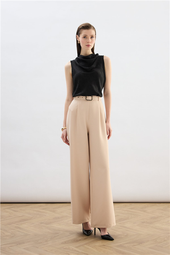 Sateen Y26 1920-5538 Kemer Detaylı Bol Pantolon Bej