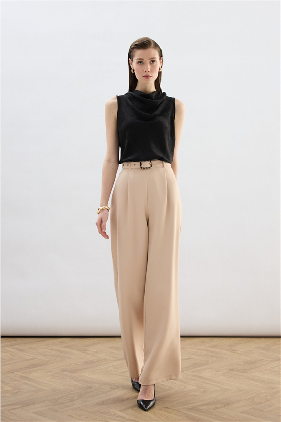 Sateen Y26 1920-5538 Kemer Detaylı Bol Pantolon Bej