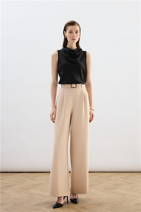 Sateen Y26 1920-5538 Kemer Detaylı Bol Pantolon Bej