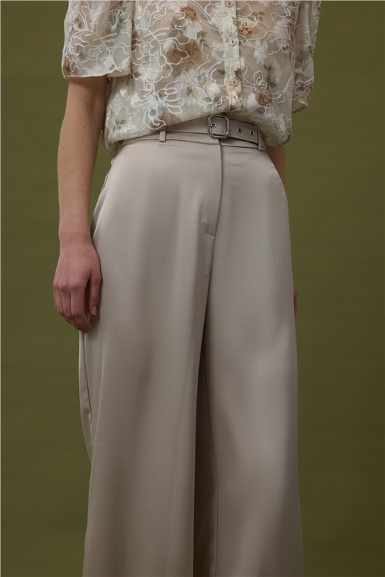Sateen Y26 1956-5067 Kemer Detaylı Saten Pantolon Taş