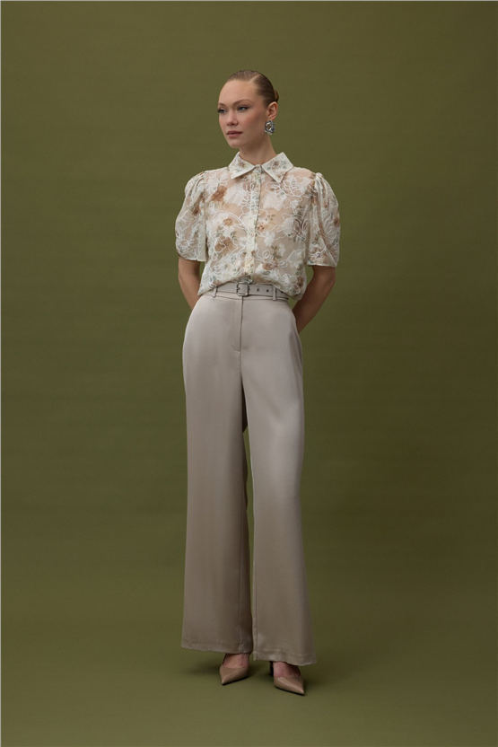 Sateen Y26 1956-5067 Kemer Detaylı Saten Pantolon Taş