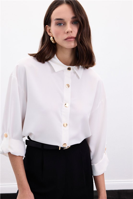 Sateen Y26 1961-2176 Kolu Katlamalı Çıt Çıtlı Gömlek Ekru Kadın