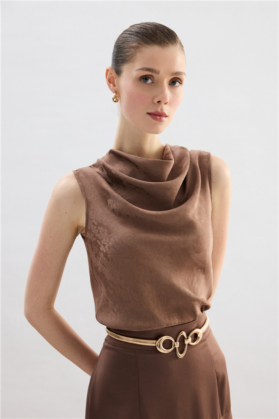 Sateen Y26 1969-1251 Degaje Yaka Jakarlı Bluz Vizon