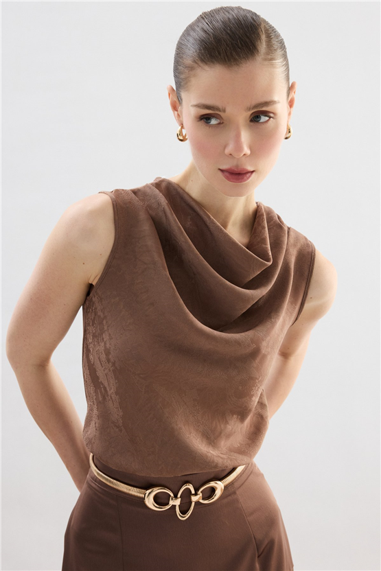 Sateen Y26 1969-1251 Degaje Yaka Jakarlı Bluz Vizon