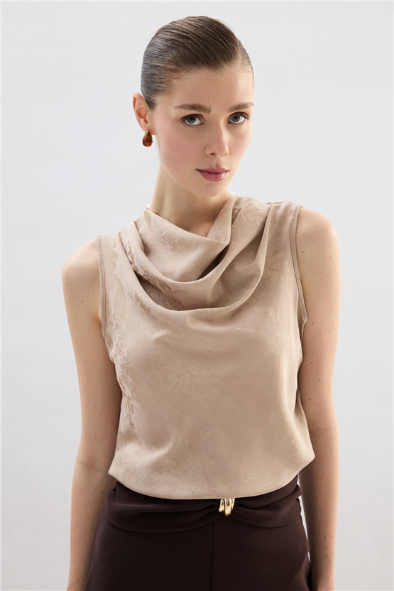 Sateen Y26 1969-1251 Degaje Yaka Jakarlı Bluz Bej