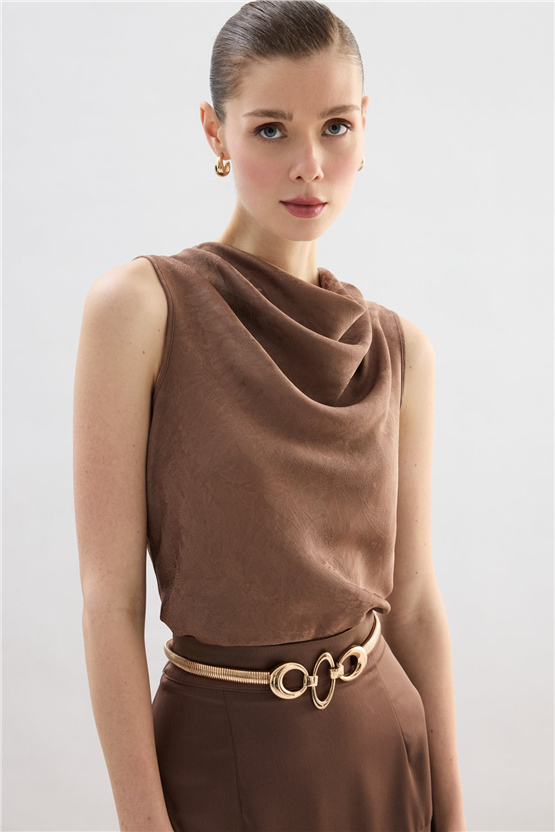 Sateen Y26 1969-1251 Degaje Yaka Jakarlı Bluz Vizon