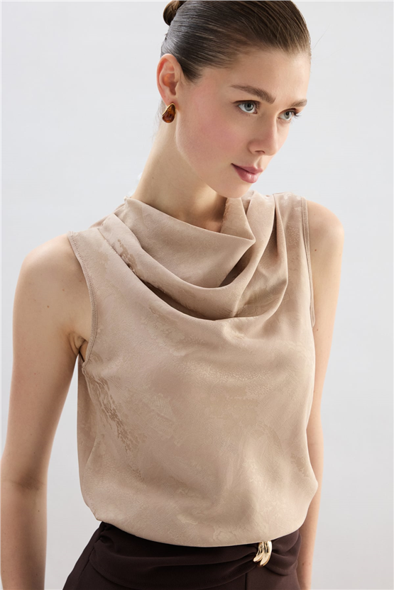Sateen Y26 1969-1251 Degaje Yaka Jakarlı Bluz Bej