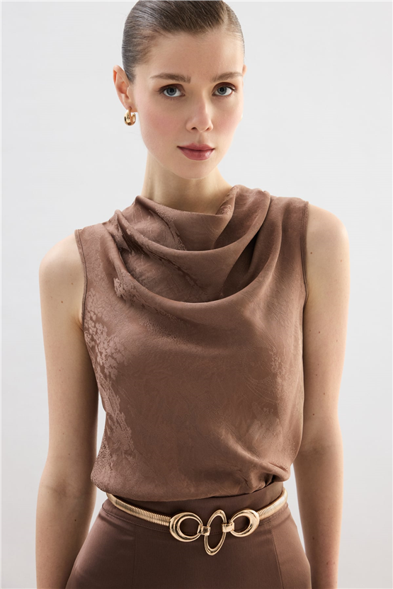 Sateen Y26 1969-1251 Degaje Yaka Jakarlı Bluz Vizon