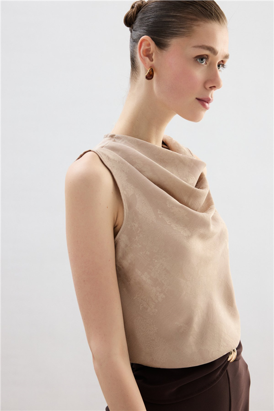 Sateen Y26 1969-1251 Degaje Yaka Jakarlı Bluz Bej