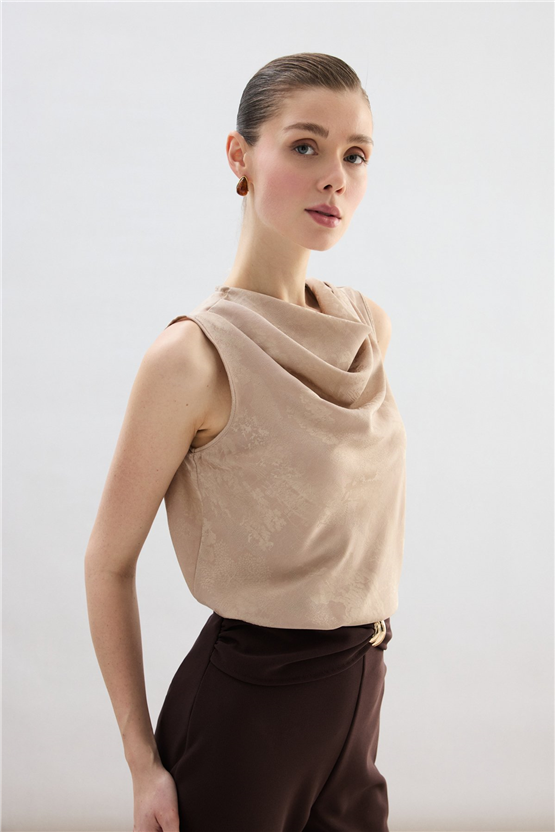 Sateen Y26 1969-1251 Degaje Yaka Jakarlı Bluz Bej