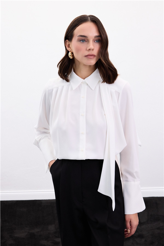 Sateen Y26 1974-2178 Fular Detaylı Gömlek Ekru