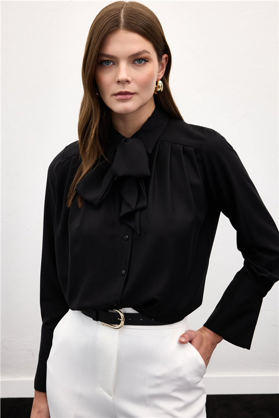 Sateen Y26 1974-2178 Fular Detaylı Gömlek Siyah