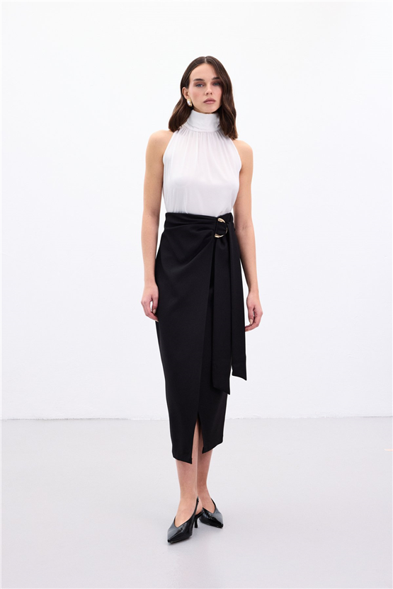 Sateen Y26 1976-4096 Kuşak Detaylı Midi Etek Siyah