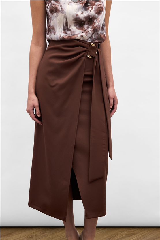 Sateen Y26 1976-4096 Kuşak Detaylı Midi Etek Kahverengi