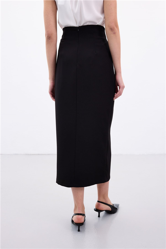 Sateen Y26 1976-4096 Kuşak Detaylı Midi Etek Siyah