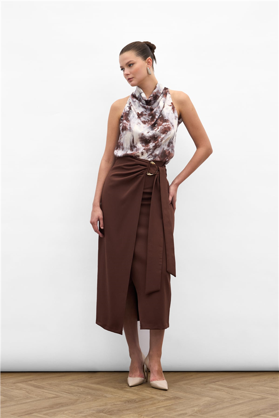 Sateen Y26 1976-4096 Kuşak Detaylı Midi Etek Kahverengi
