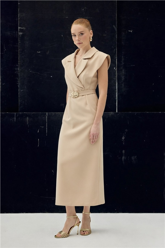 Sateen Y26 1980-3083 Aksesuar Detaylı Maxi Elbise Bej Kadın