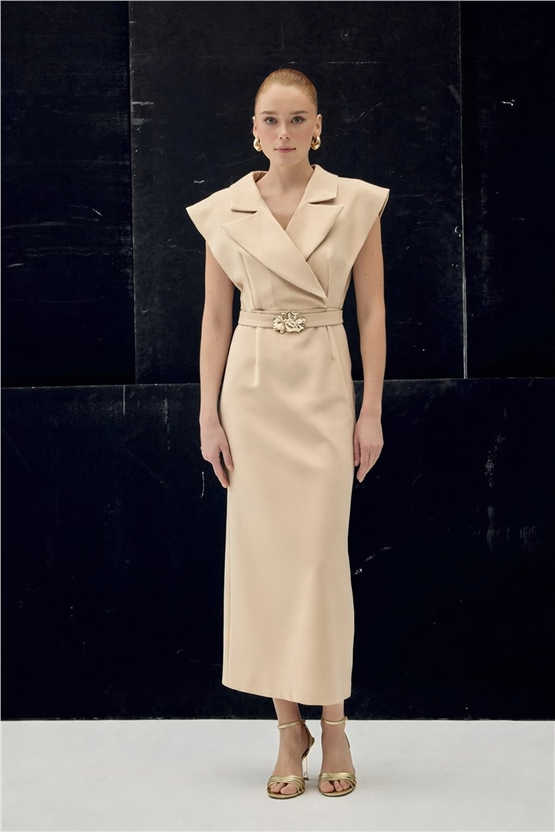Sateen Y26 1980-3083 Aksesuar Detaylı Maxi Elbise Bej Kadın