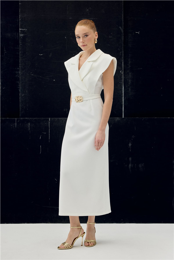 Sateen Y26 1980-3083 Aksesuar Detaylı Maxi Elbise Ekru Kadın