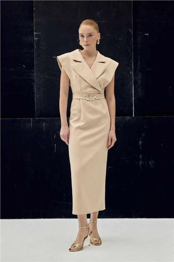 Sateen Y26 1980-3083 Aksesuar Detaylı Maxi Elbise Bej Kadın