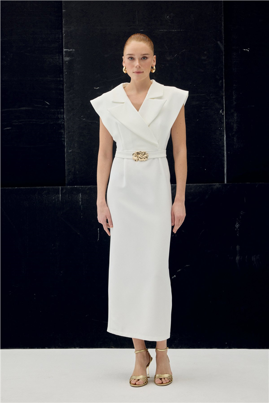 Sateen Y26 1980-3083 Aksesuar Detaylı Maxi Elbise Ekru Kadın