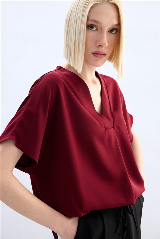 Sateen Y26 2103-1261 Kısa Kollu V Yaka Bluz Bordo