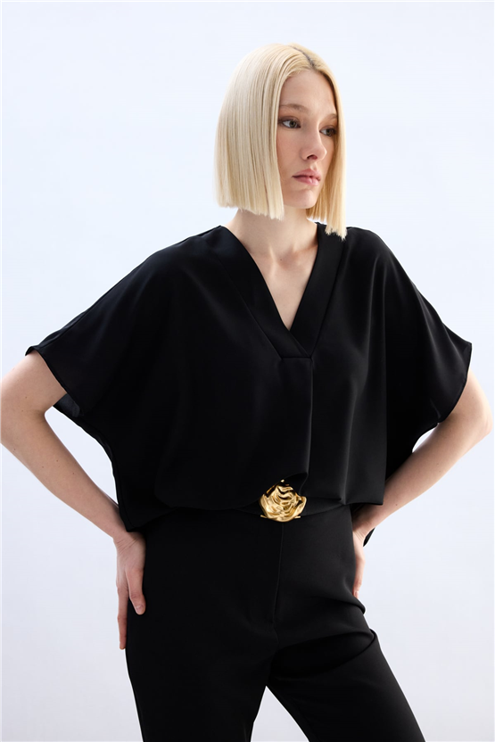 Sateen Y26 2103-1261 Kısa Kollu V Yaka Bluz Siyah