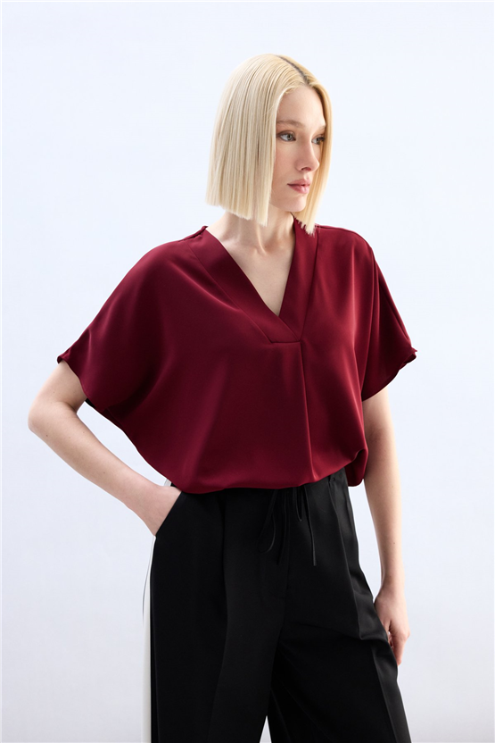 Sateen Y26 2103-1261 Kısa Kollu V Yaka Bluz Bordo