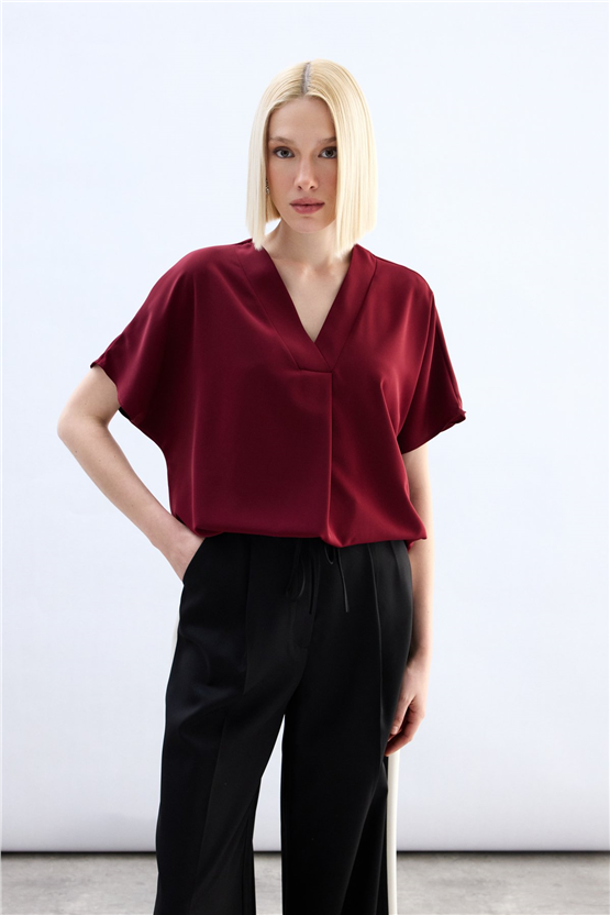 Sateen Y26 2103-1261 Kısa Kollu V Yaka Bluz Bordo