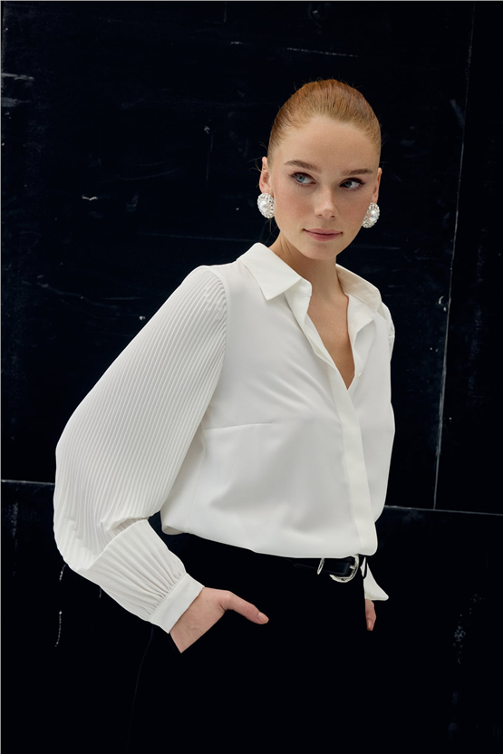 Sateen Y26 2114-2179 Plise Kollu Gömlek Ekru Kadın