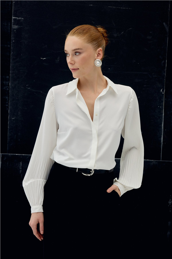 Sateen Y26 2114-2179 Plise Kollu Gömlek Ekru Kadın